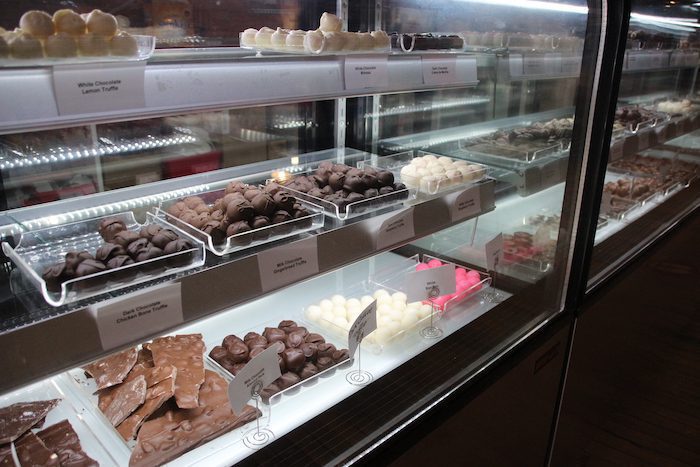 Display case of hand-dipped chocolates at Ganong