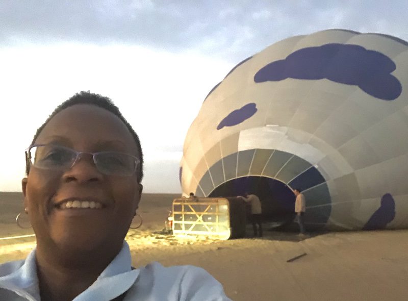 Maria Kamau prepares for her hot air balloon safari in Namibia