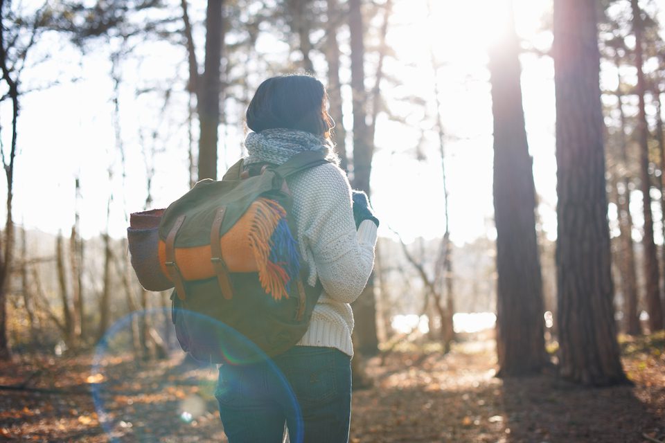 Rear view of mature woman hiking in forest