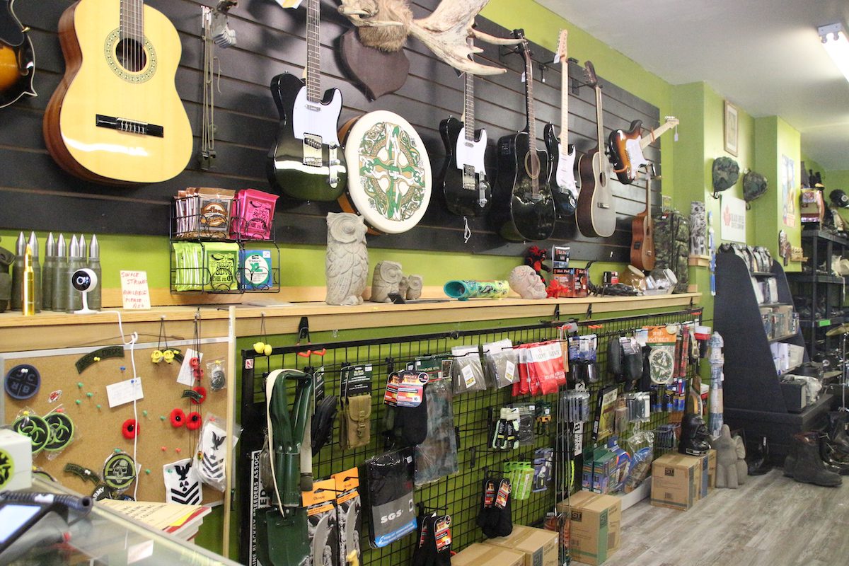 Some of the instruments and novelty items in the St. Croix Army & Surplus shop
