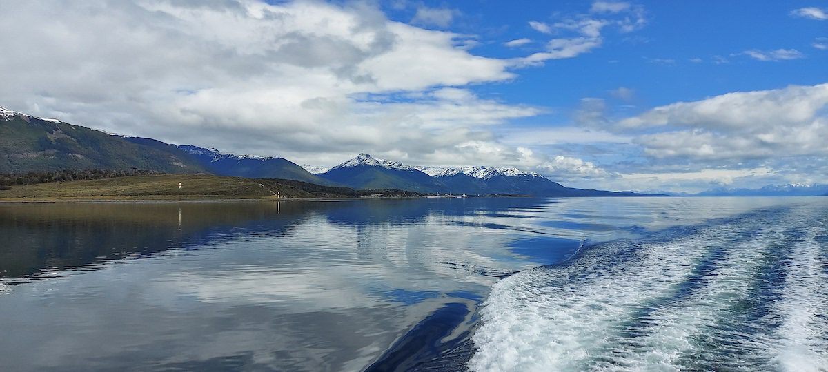 Overlooking the back of an expedition ship leaving Ushuaia heading to Antarctica