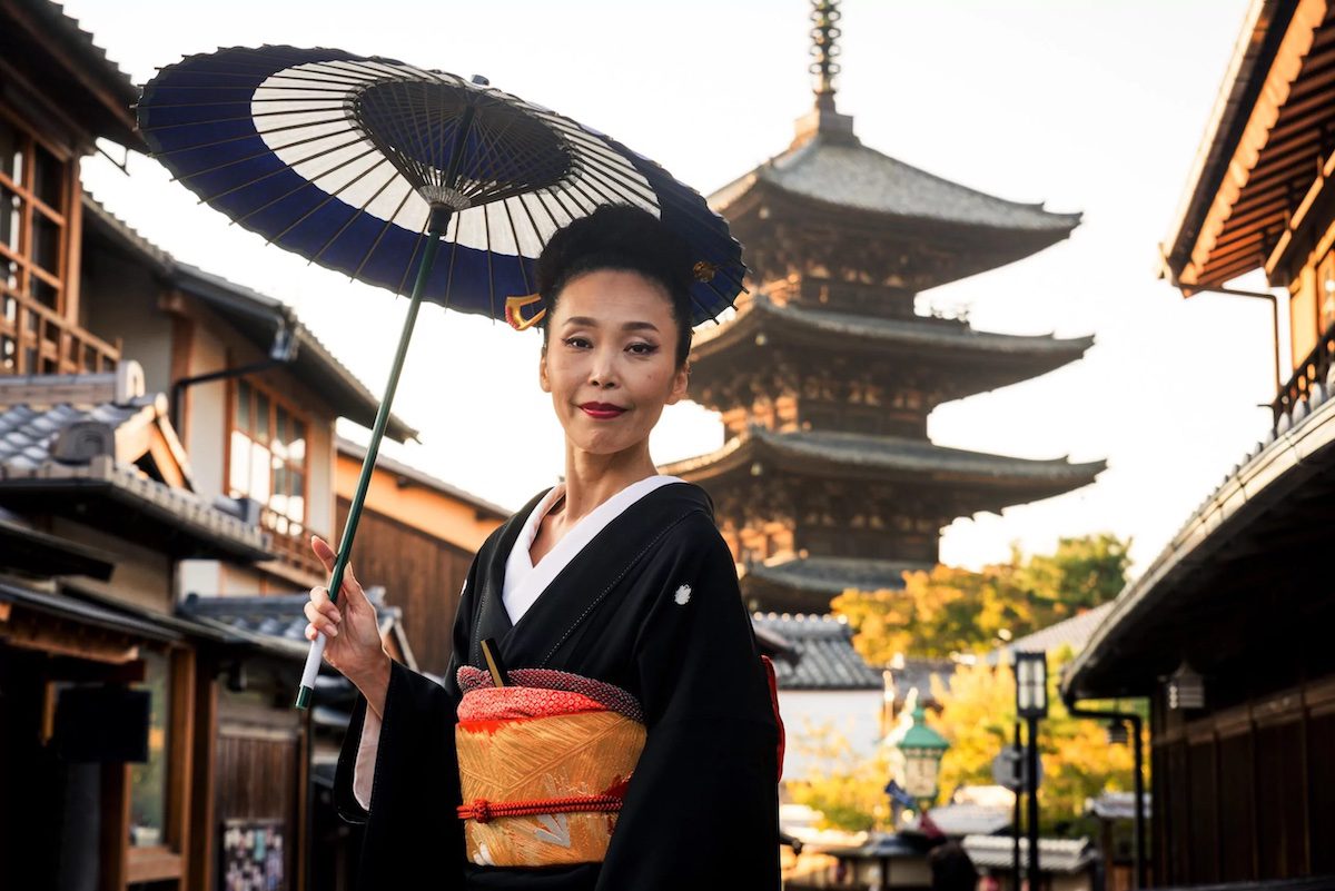 Woman wearing a kimono walking in Japan