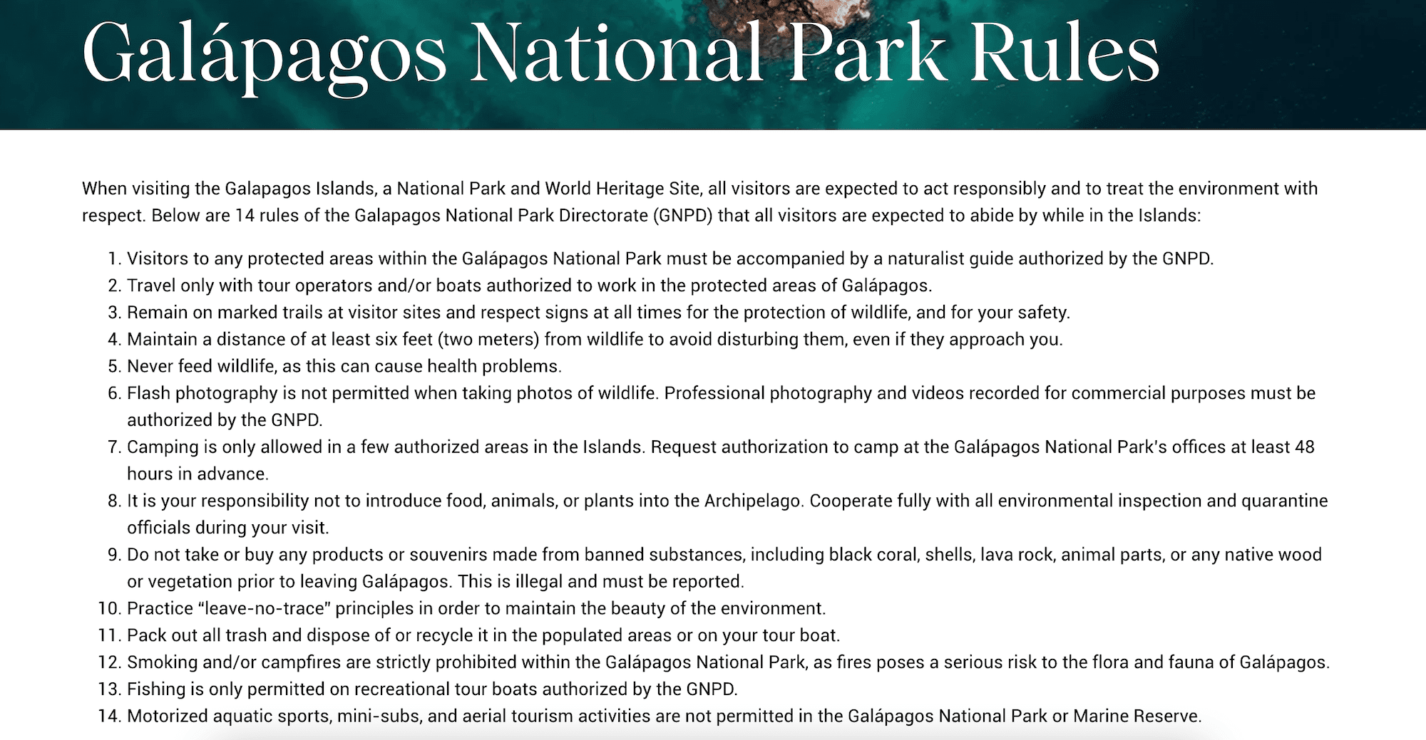 Rules all visitors must follow while visiting the Galapagos Islands