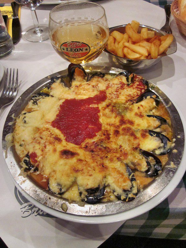 A plate of baked mussels at Chez Leon in Flanders, Belgium