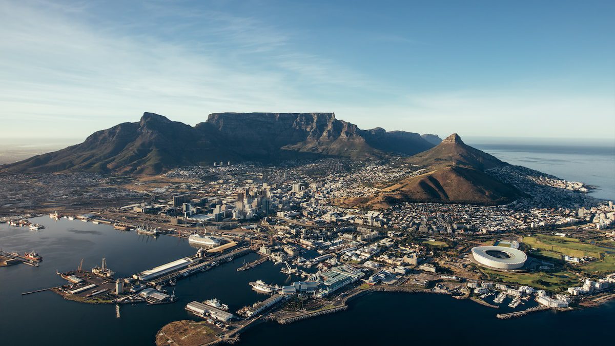 Aerial view of Cape Town with Table Mountain, the harbour, Lions Head and Devils Peak