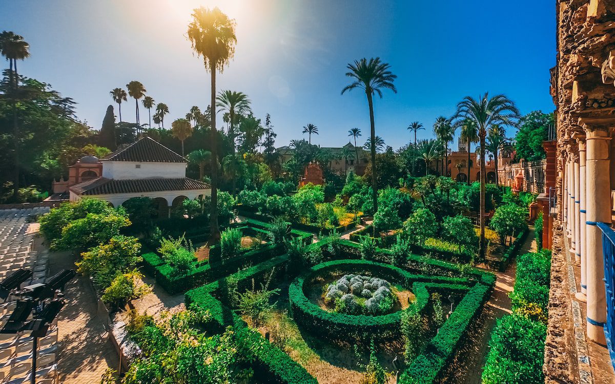 Beautiful amazing gardens in Royal Alcazar in Seville Spain