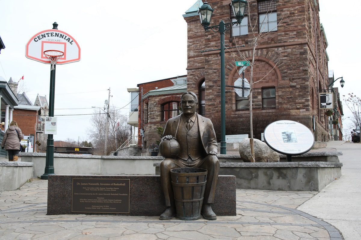 A sculpture of basketball inventor James Naismith holds pride of place in his birthplace of Almonte, Ontario, a charming community about a 40-minute drive southwest of Parliament Hill. 