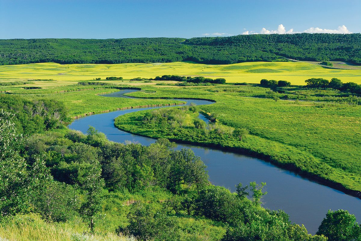 The Qu'Appelle River winds across southern Saskatchewan in a broad valley rich in agricultural land