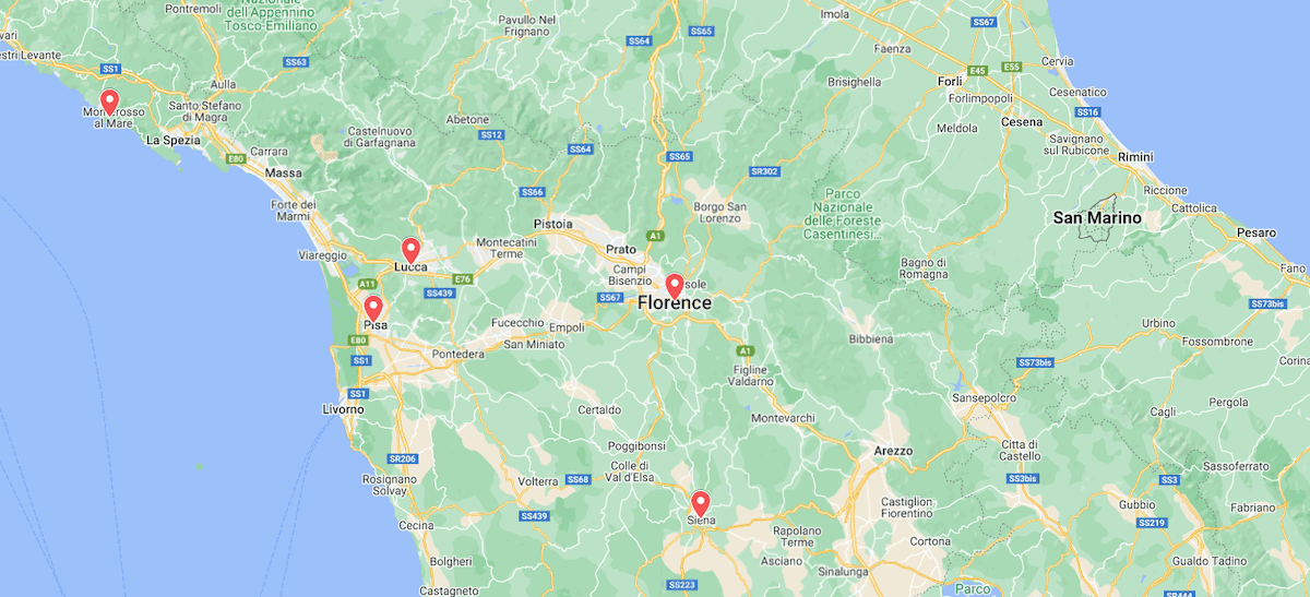 Map showing different day trips from Florence around Tuscany