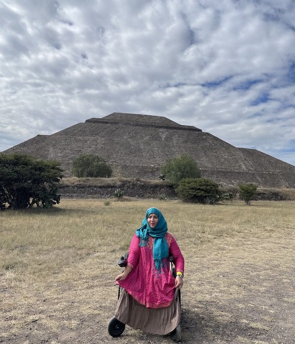 Tanzila Kahn in front of the Pyramid of the Sun, San Juan Teotihuacan