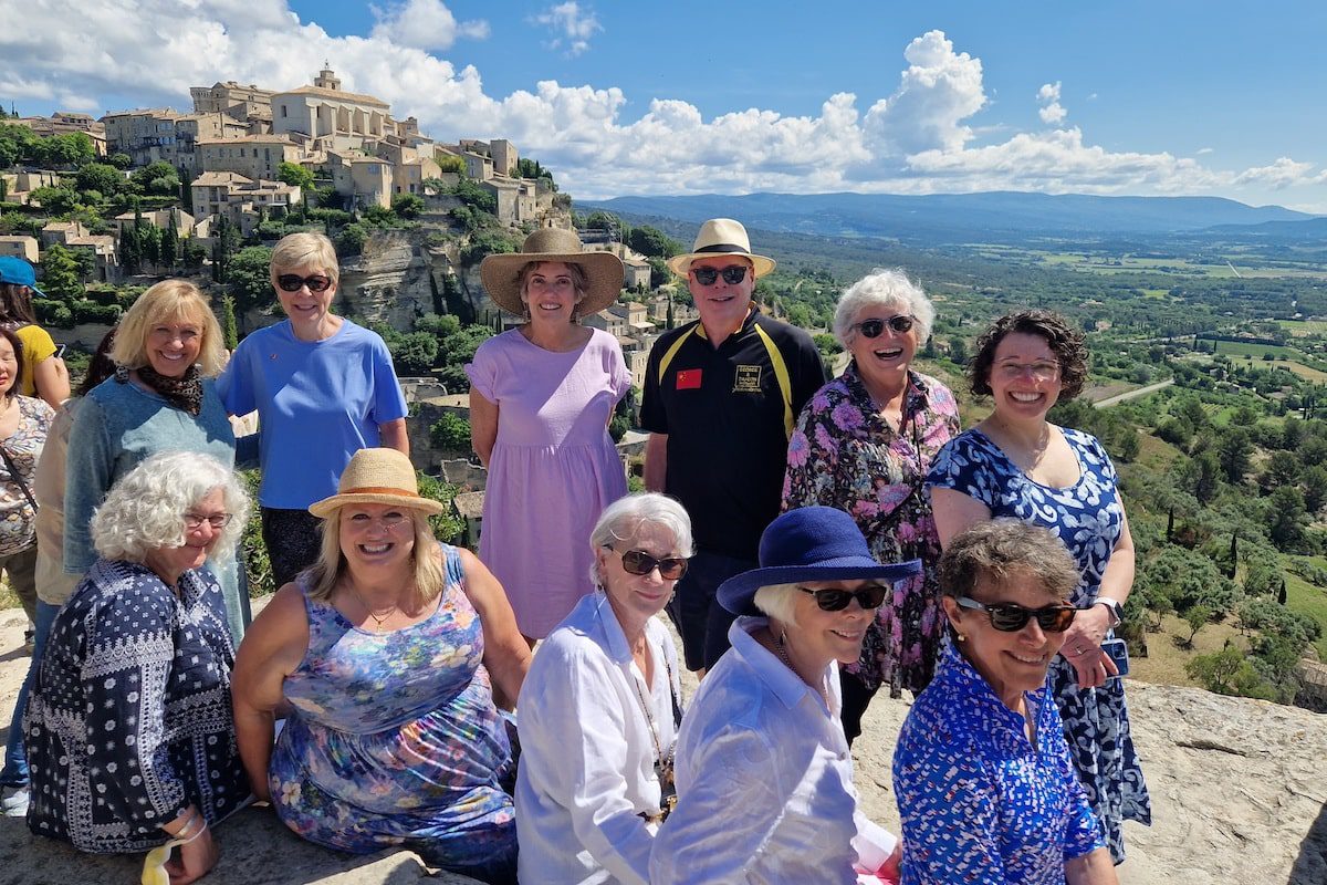 Cheryl Alters Jamison with a group in the Luberon village of Gordes in the background. 