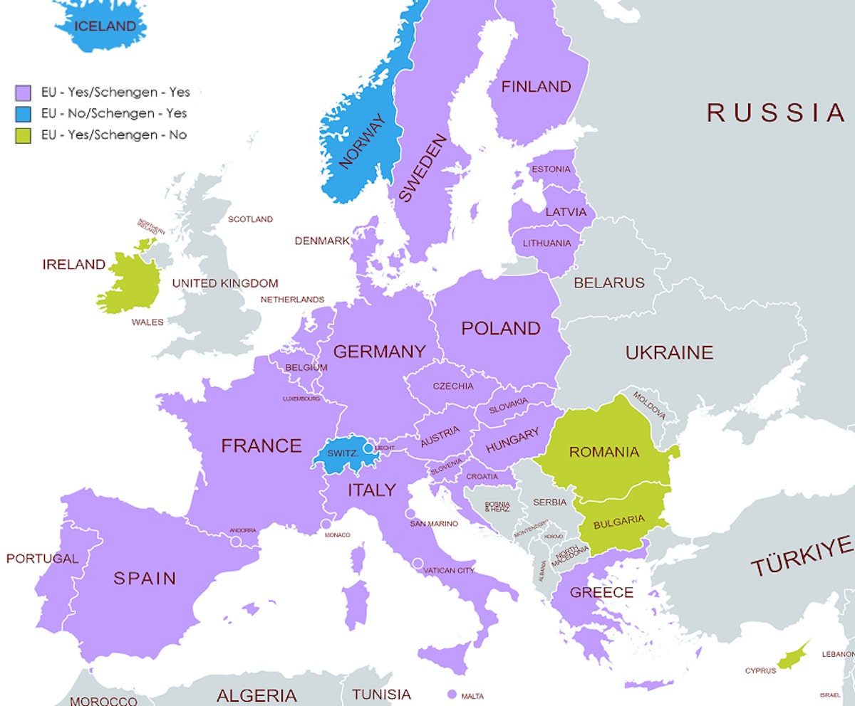 Schengen area map showing where European visas are needed.
