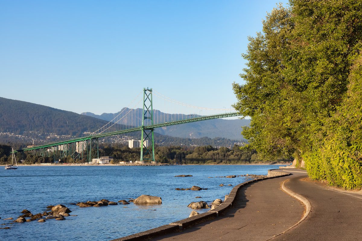 View of the Famous Lions Gate Bridge from Seawall at Stanley Park, Vancouver.