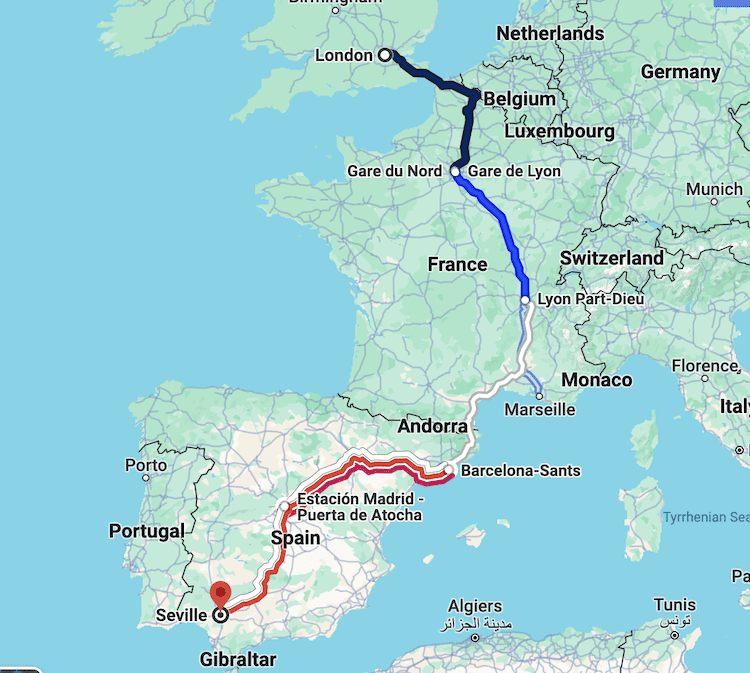 Carolyn's train travel route from London to Seville