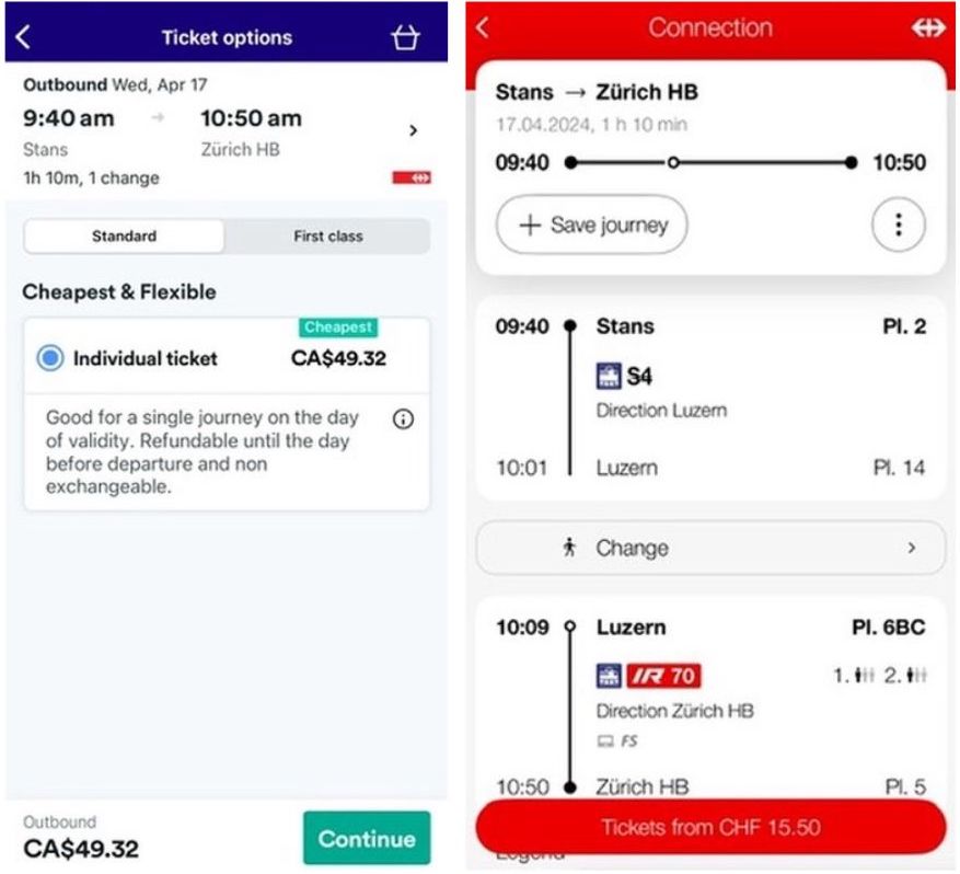 Comparing train ticket prices on Trainline app