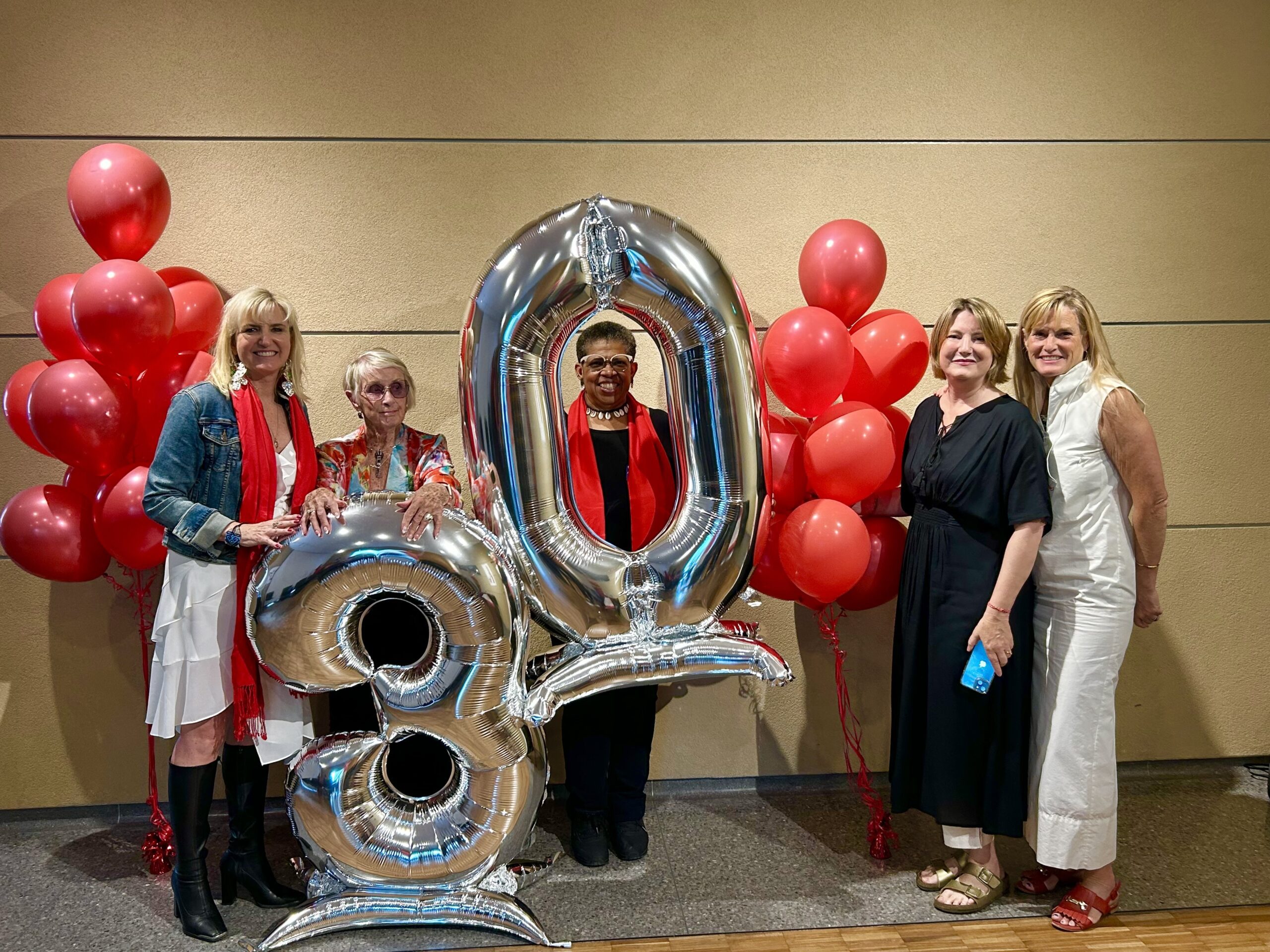 five women standing with 30 balloons 
