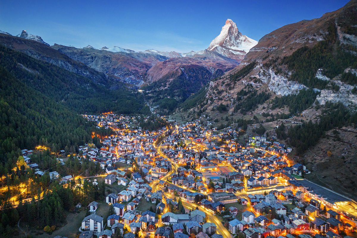 Zermatt, Switzerland Alpine Village with the Matterhorn at blue hour