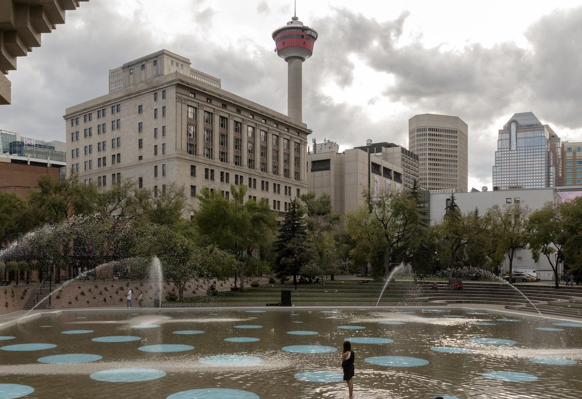 The Olympic Plaza (with the Calgary Tower visible) on a cloudy day in Calgary, Alberta.