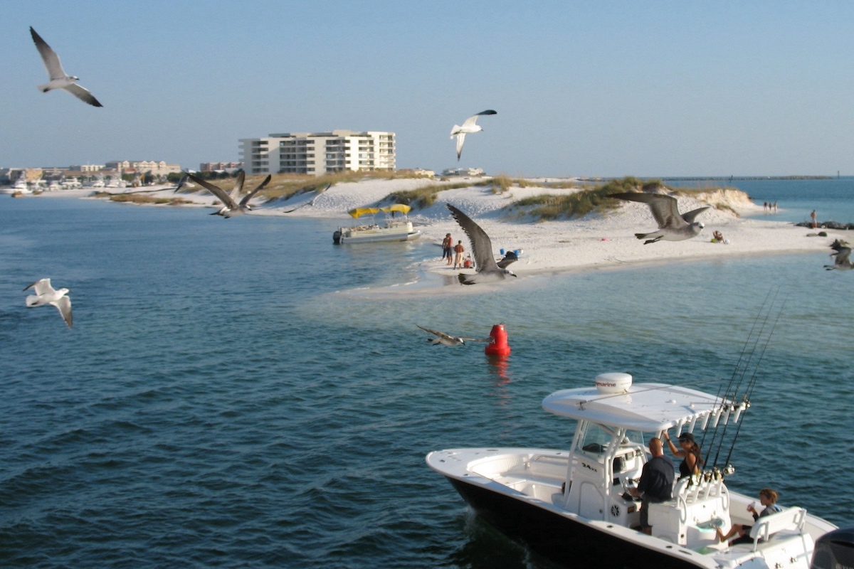 A sand dune and seagulls fly over the water in Destin, Florida