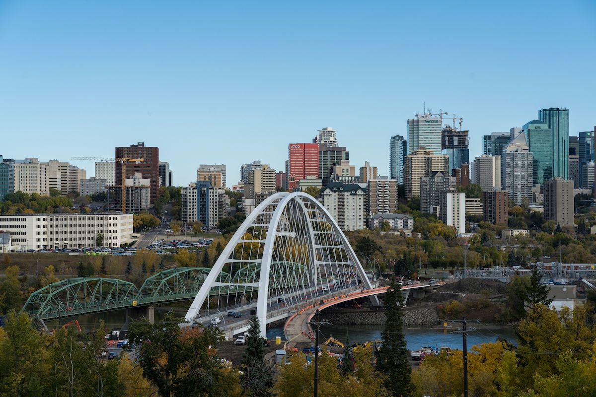 A bird's eye view of trees with a background of the Edmonton cityscape