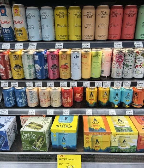 Various alcohol-free beverages at a supermarket