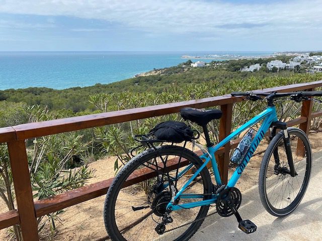 A blue bike rests against a fence next to the sea in Spain.