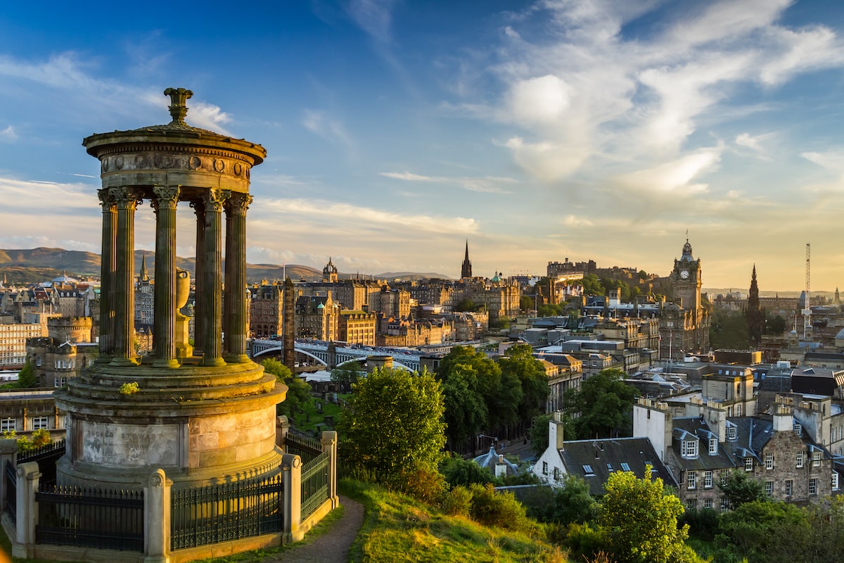 View of the Edinburgh Castle from Calton Hill at sunset.