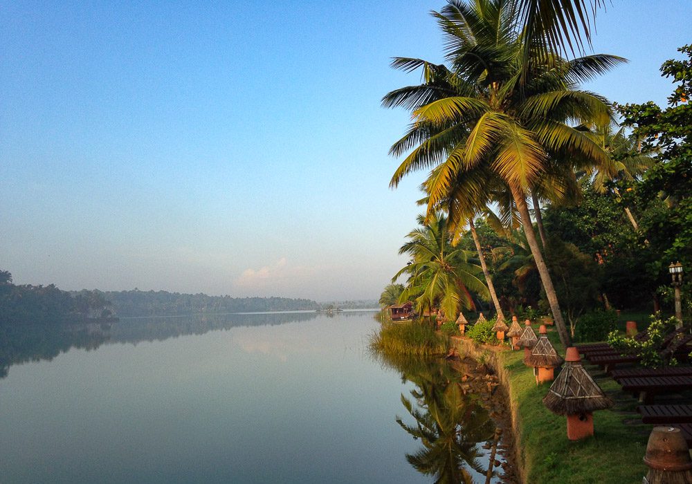 A river flows through scenic Kerala, India