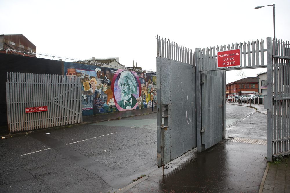 belfast black cab tour gates Belfast,Northern Ireland-5th November:iron gate in Northumberland street separates Republican area of Falls and Loyalist area of Shankill.Belfast,Northern Ireland,UK on 5th November 2014