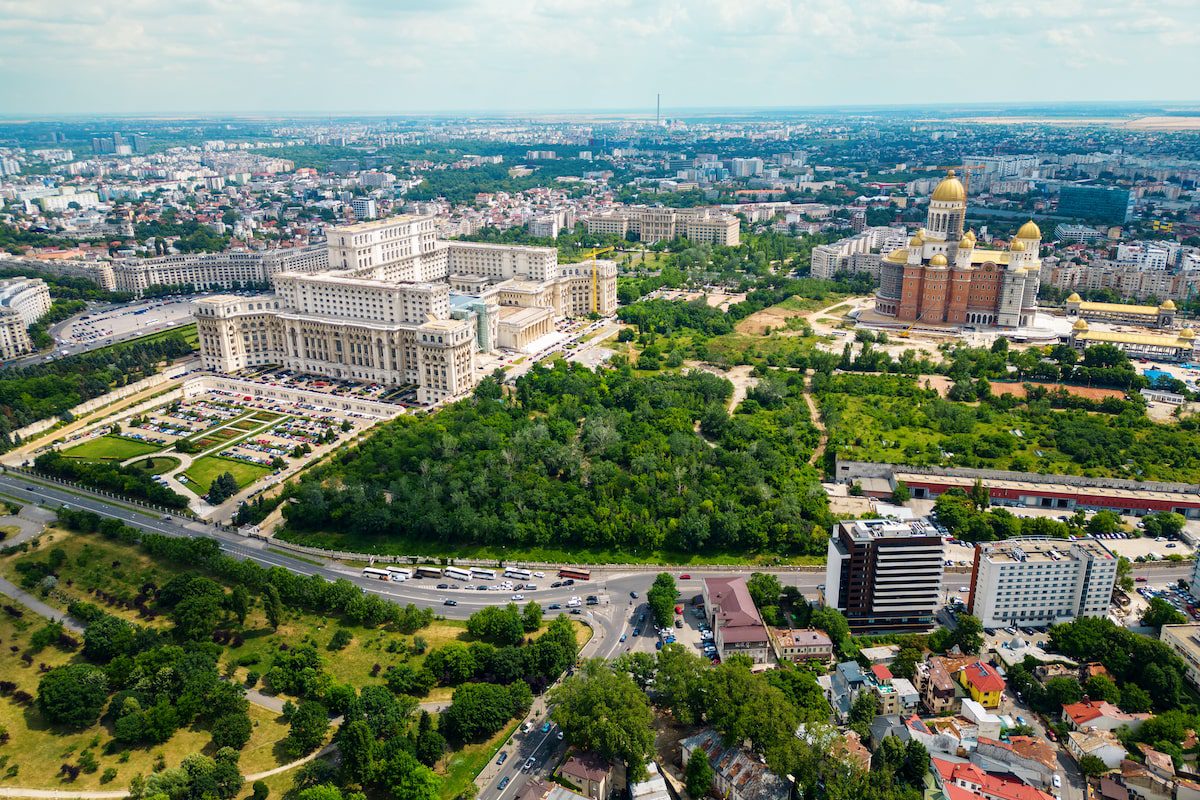 Aerial drone view of Bucharest Romania