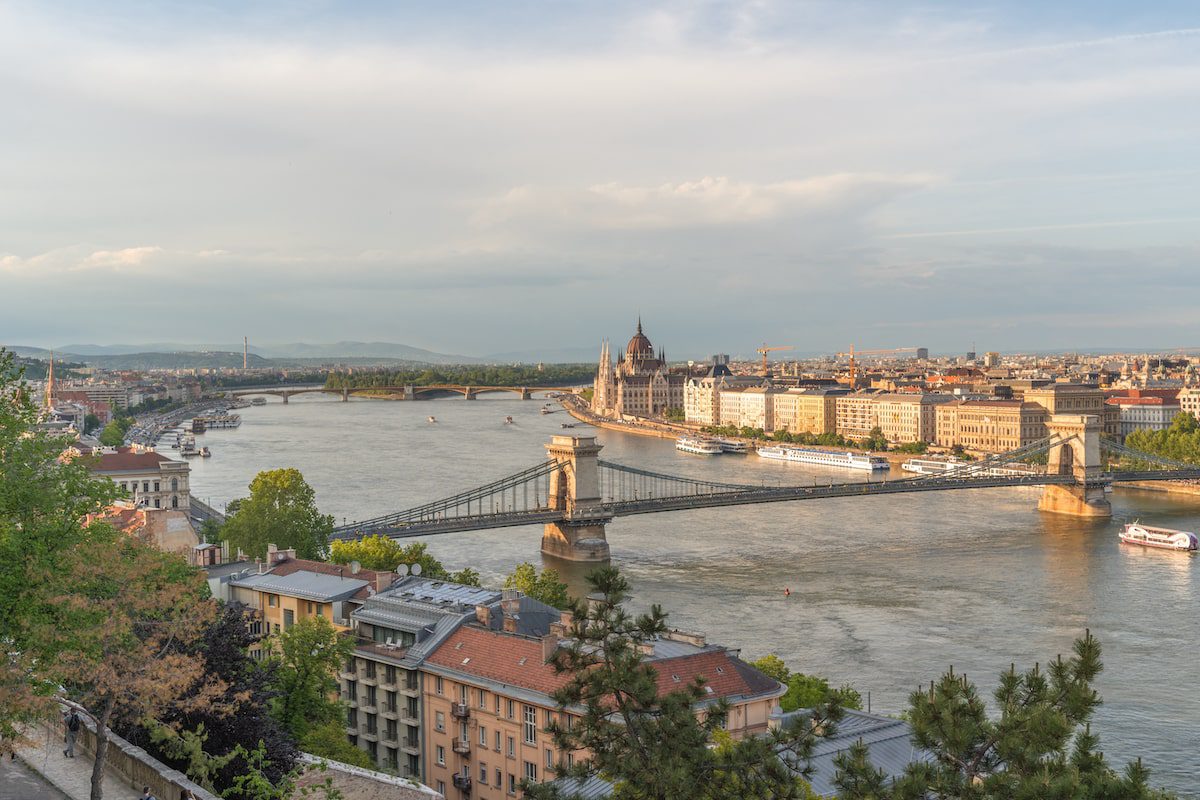 Aerial shot of the Danube river with the Hungarian Parliament Building in Budapest