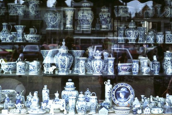 Shop window display of Delftware in the market place Delft