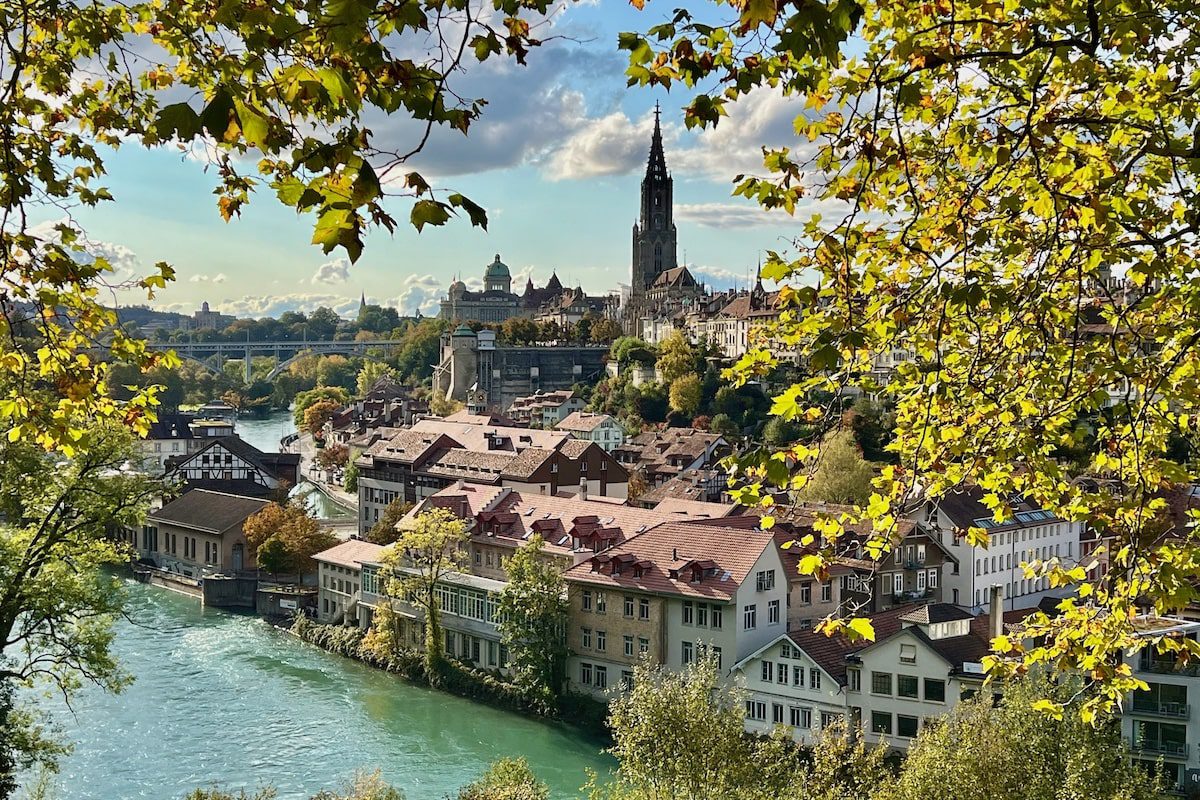 Capital of Switzerland, Bern, seen through leaves on trees