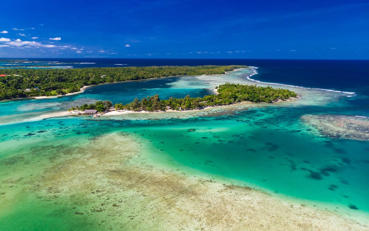 Drone aerial view of Erakor Island, Vanuatu, near Port Vila, and surroundings. Oceania, South Pacific