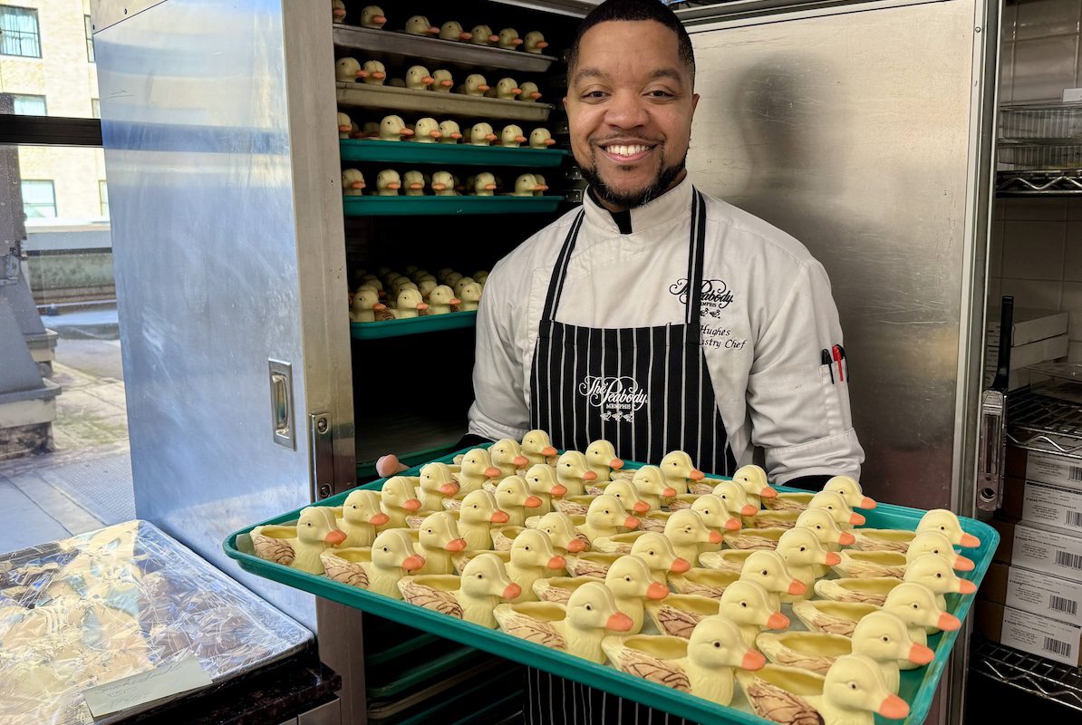 Peabody-Assistant Pastry chef Justin Hughes with chocolate ducks in progress 