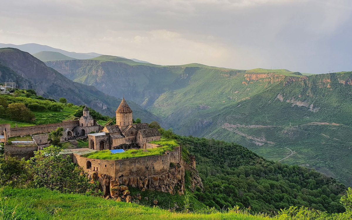 An aerial shot of the Tatev monastery in Tatev, Armenia