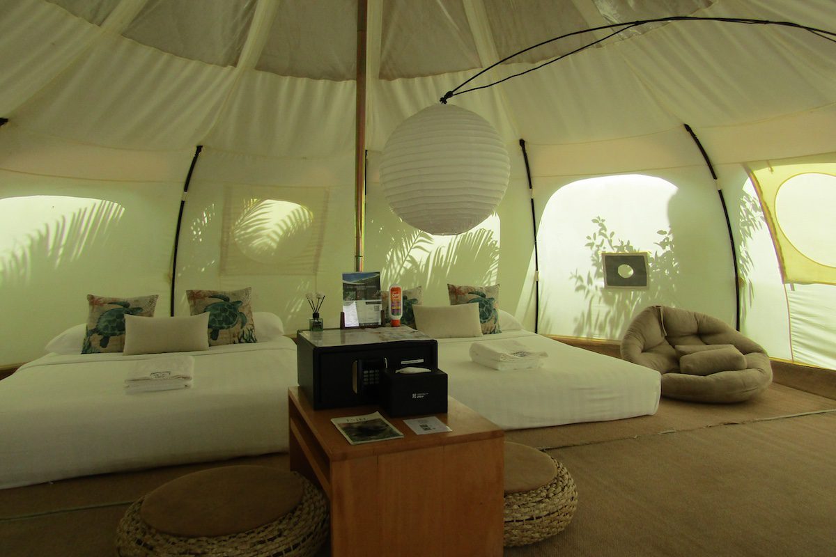 Inside our fully kitted-out glamping tent on Nacpan Beach. The tent was air-conditioned and had a refrigerator to boot! 