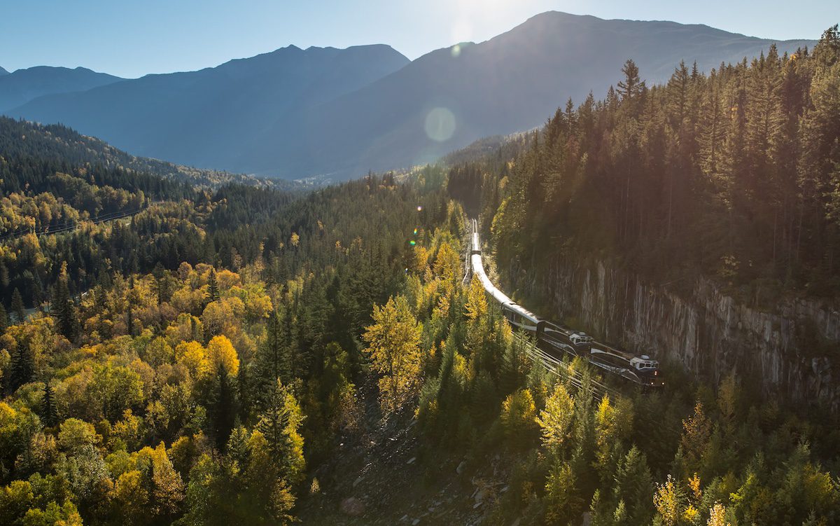 Aerial of the Rocky Mountaineer travelling through the Canadian Rockies