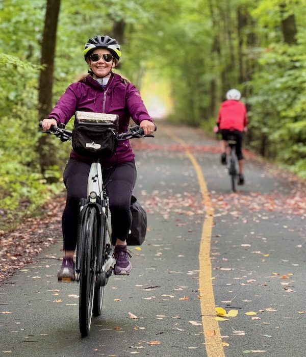 Claudia Laroye in her element cycling the Veloroute Gourmande