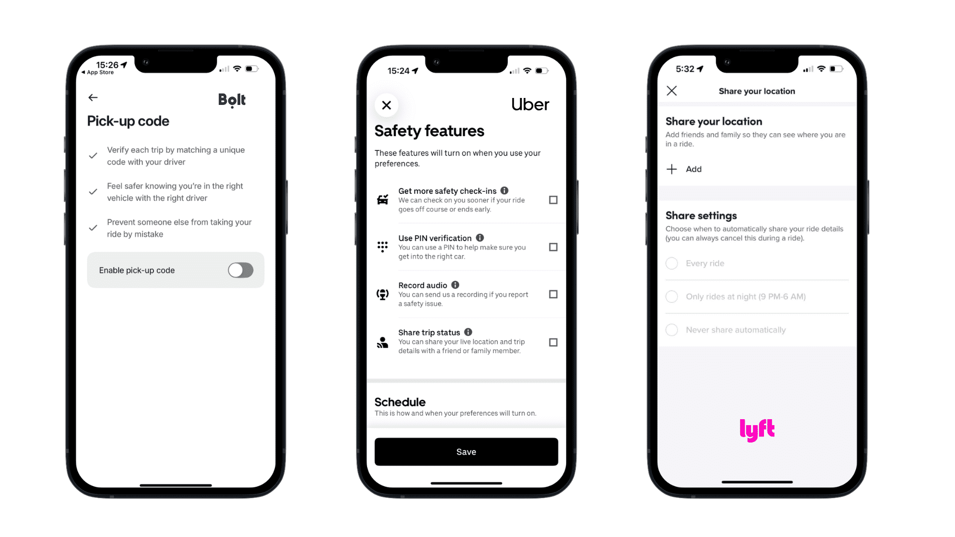 Various safety features on ridesharing apps