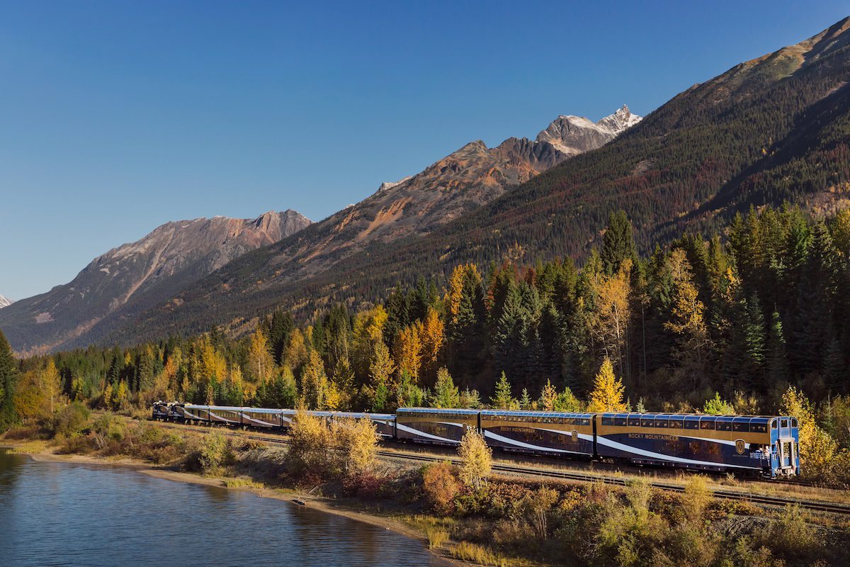 Rocky Mountaineer travelling by mountains