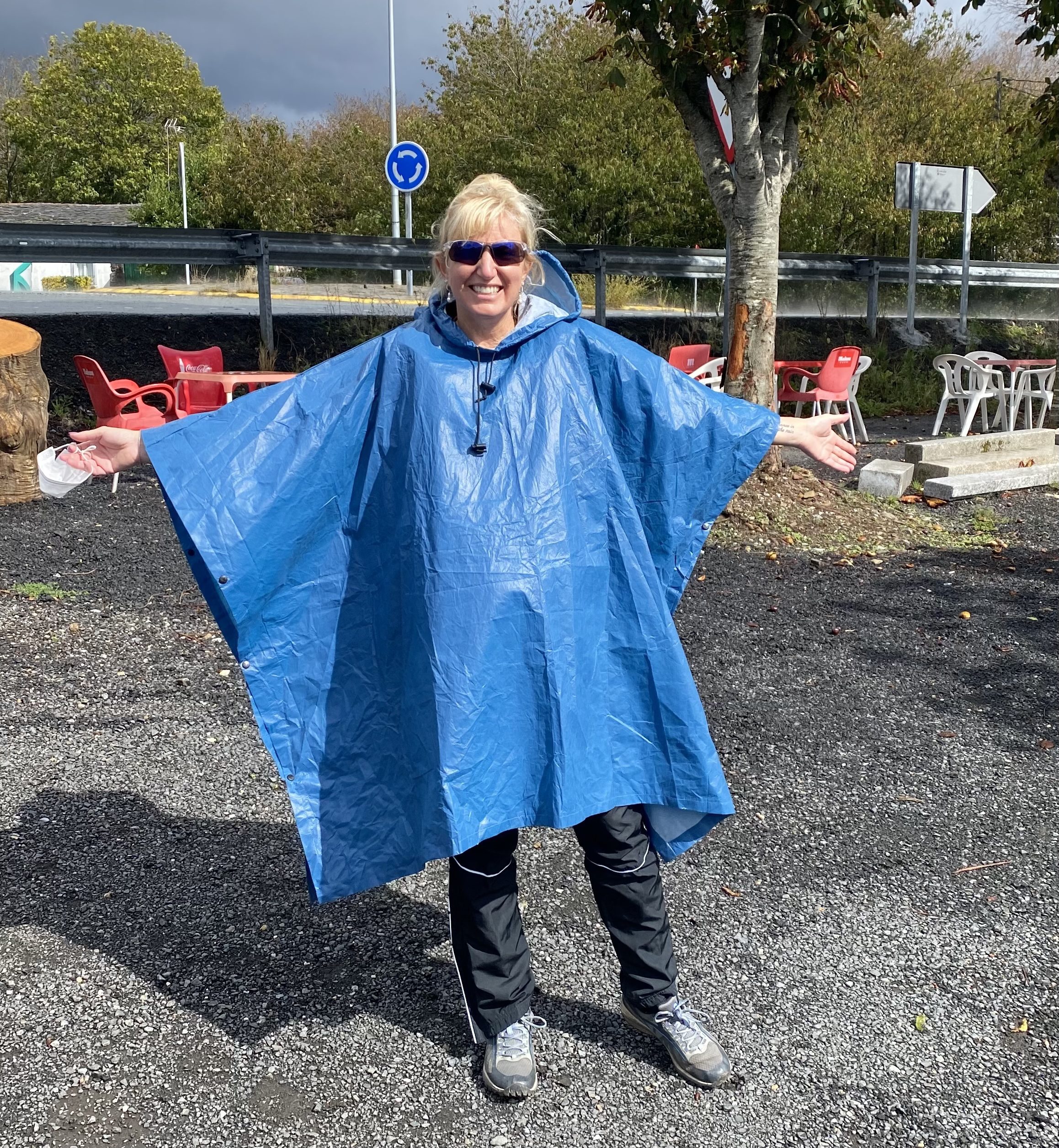 carolyn wearing a frogtogg poncho camino
